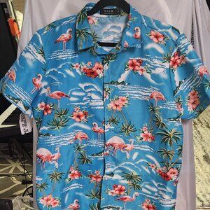 SSLR Men's Collection Flamingo Print Button Down Hawaiian Shirt Blue Pink Size M